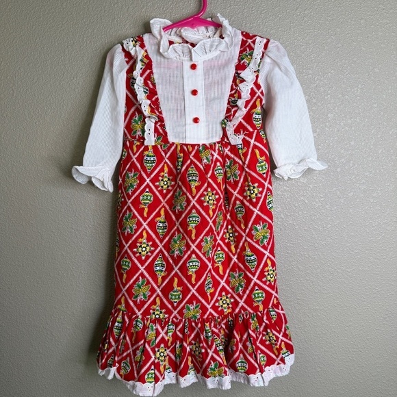 Other - Vintage Toddler Quilted Holiday Dress Red Print w/ Ruffle Trim – Size 2T